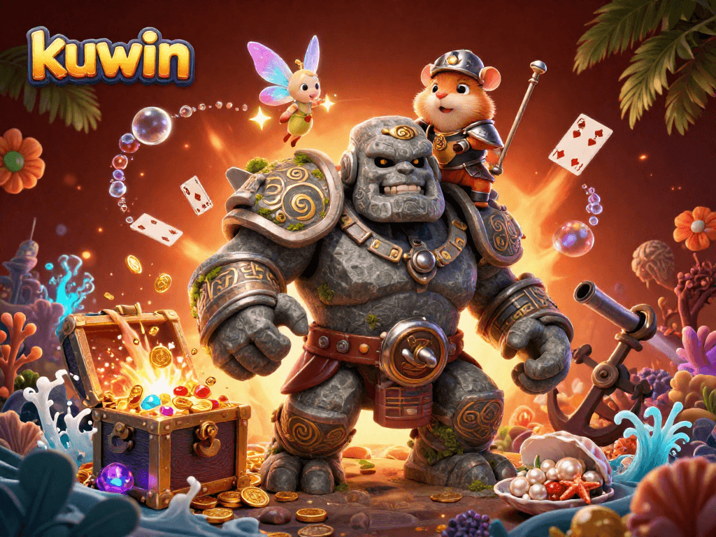 Kuwin presents an enchanting scene with a golem guardian, a fairy casting magic, and a hamster knight amidst sparkling treasures.