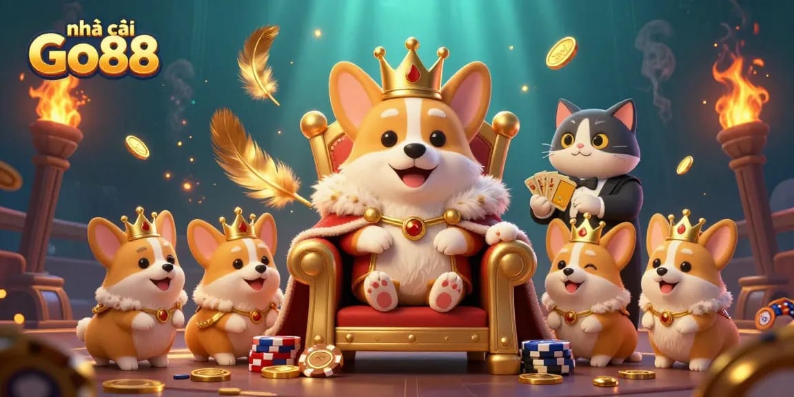 Engage with nhà cái Go88 and win big with our royal corgi at the poker throne in a vibrant casino scene.