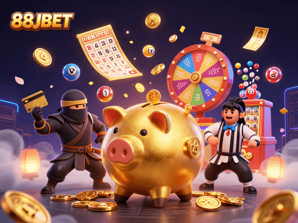 Experience thrilling wins at 88JBET with action-packed games surrounding a golden piggy bank.