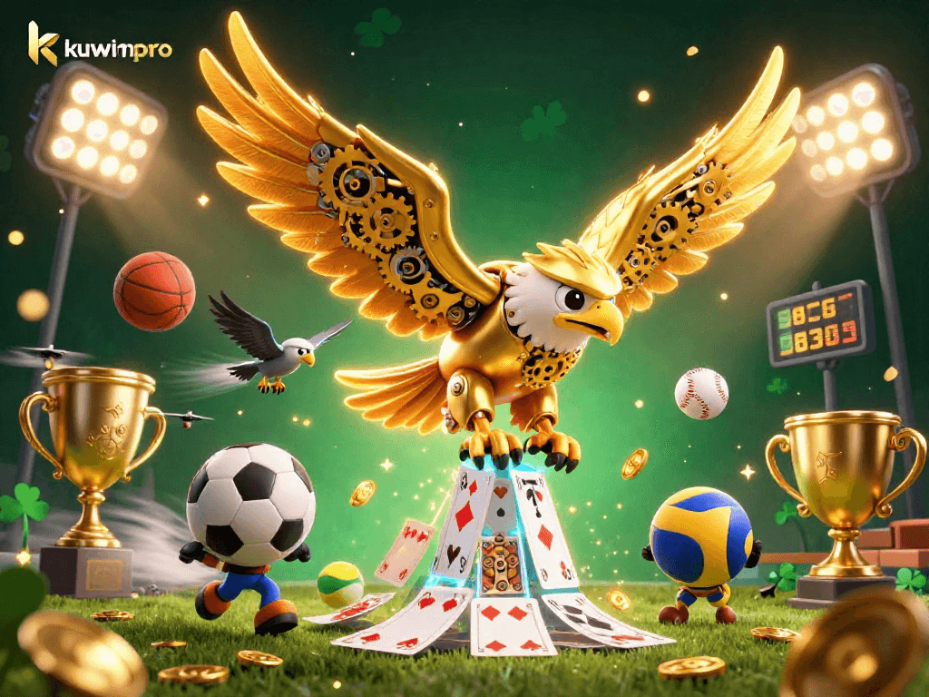 Kuwinpro showcases a vibrant 3D casino scene with a cybernetic eagle and sports elements, highlighting dynamic betting action.