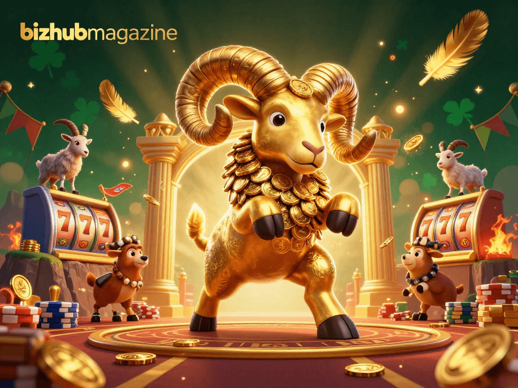 Engage with the dynamic casino scene in bizhubmagazine featuring a golden ram amidst slot reels.
