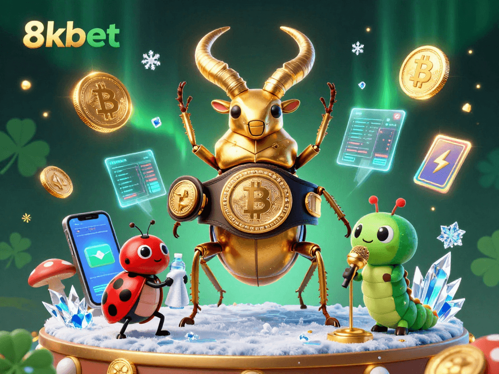 Engage with 8xbet's vibrant casino world through an exhilarating battle scene featuring colorful characters and crypto elements.