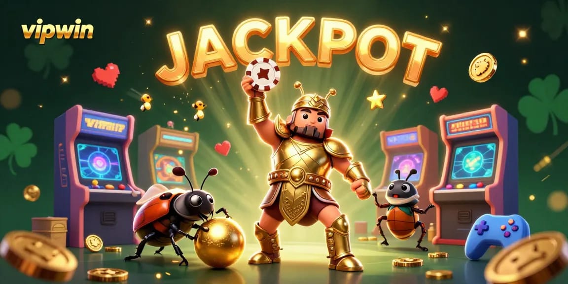 Experience the thrill of vipwin as a cartoon beetle lifts a winning poker chip with fireflies celebrating JACKPOT!