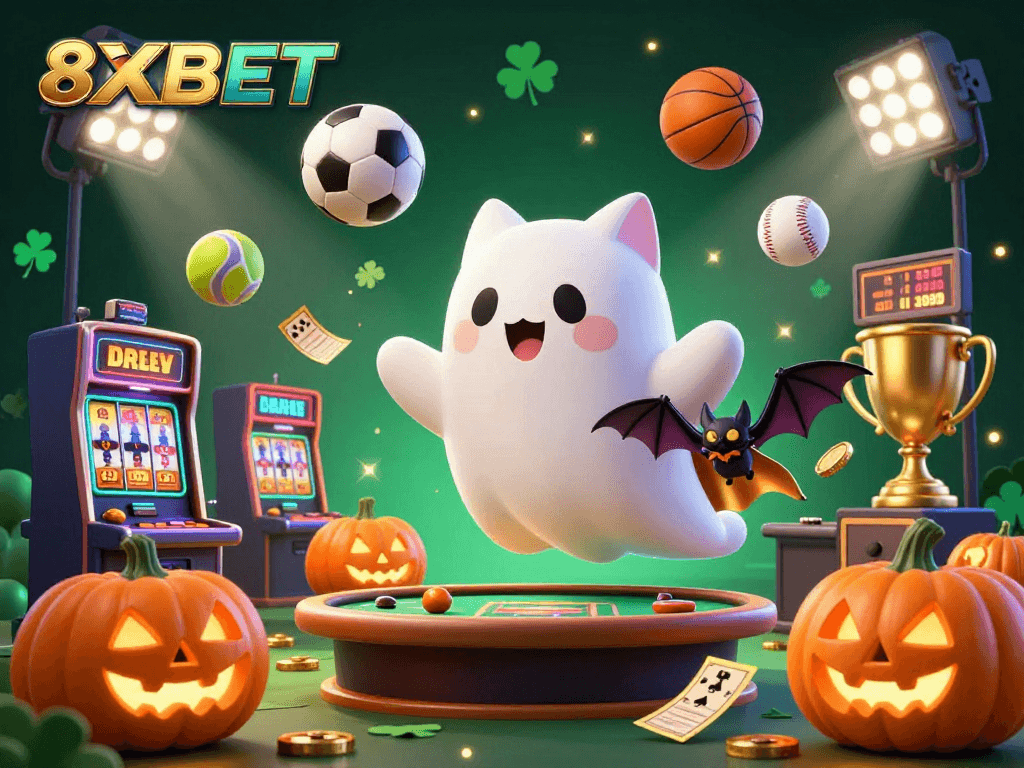 Engage with 8XBET's fun casino experience featuring a friendly ghost cat and vibrant gaming elements.
