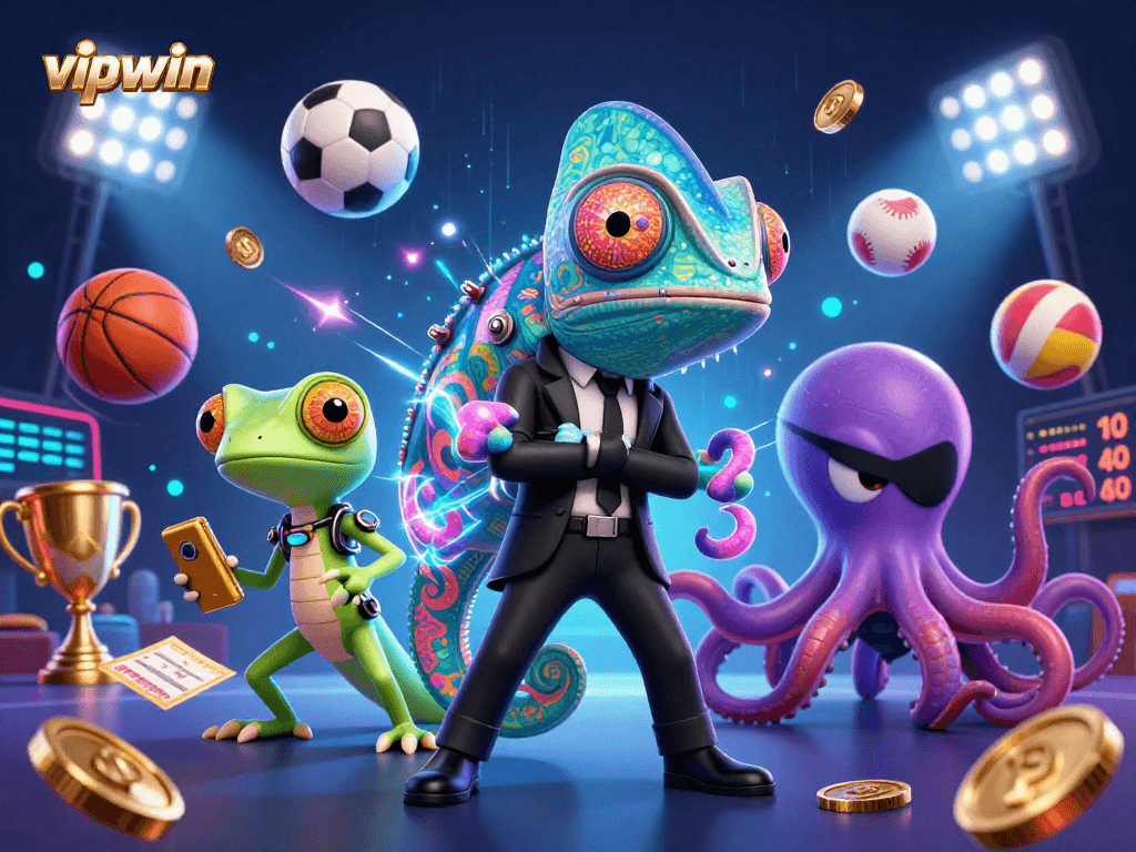 Engage in thrilling gaming with vipwin through a vibrant online casino scene featuring animated characters.