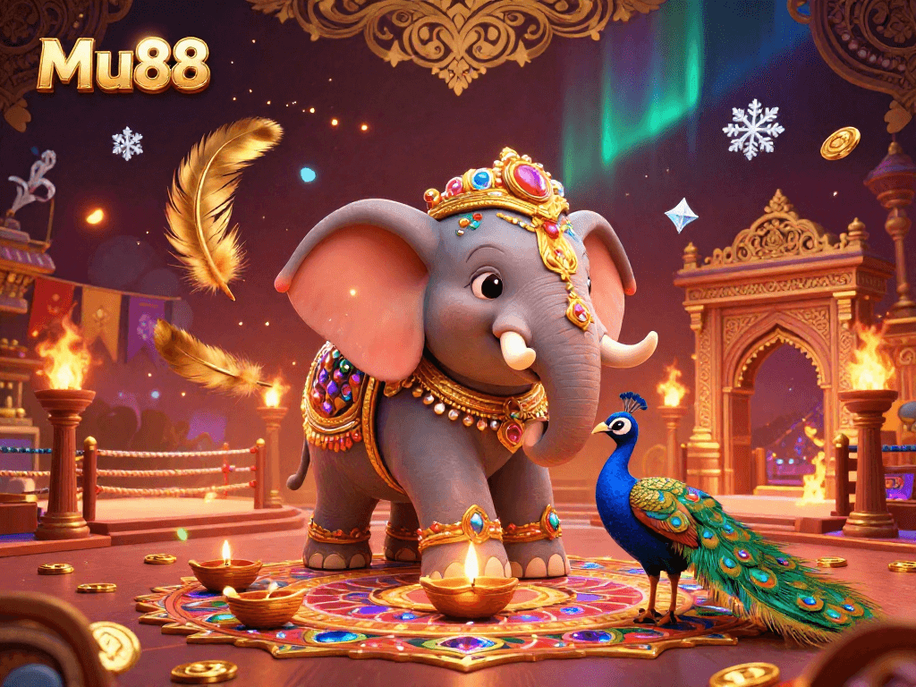 Join the excitement at Mu88 with vibrant casino scenes featuring a Diwali-themed elephant and colorful elements.