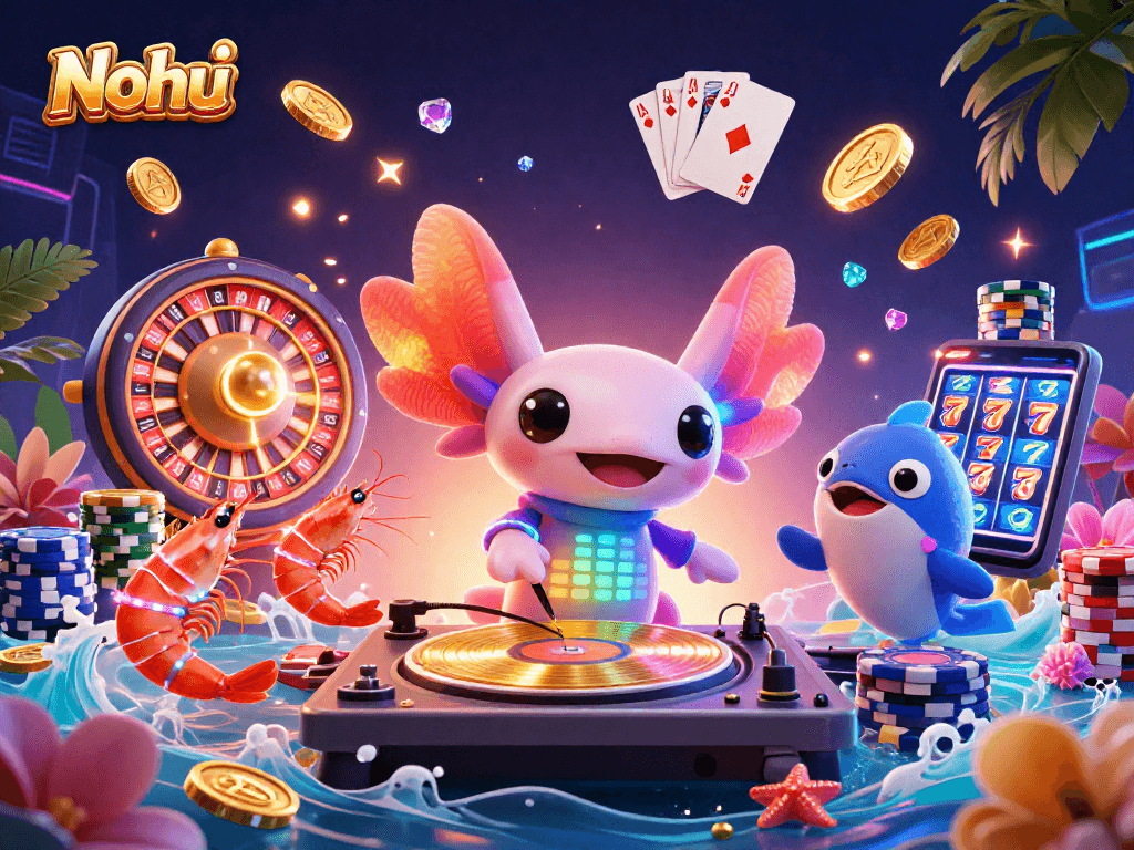 Nohu illustrates vibrant casino excitement with an axolotl DJ, shrimp dancers, and glittering jackpots.