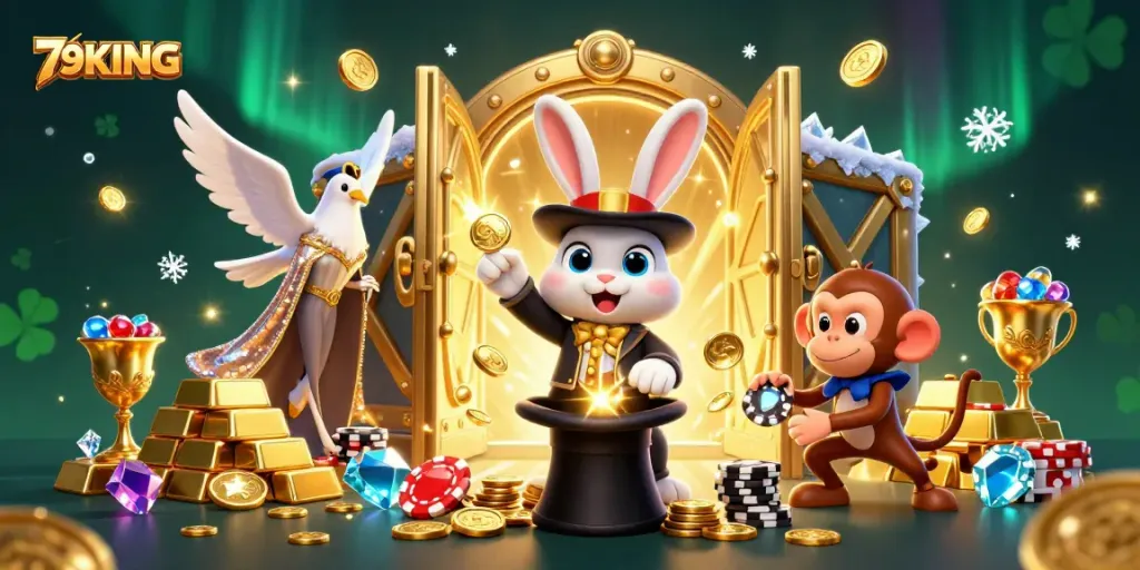 Experience the magic of 79KING as a rabbit conjures coins, complemented by vibrant casino elements.