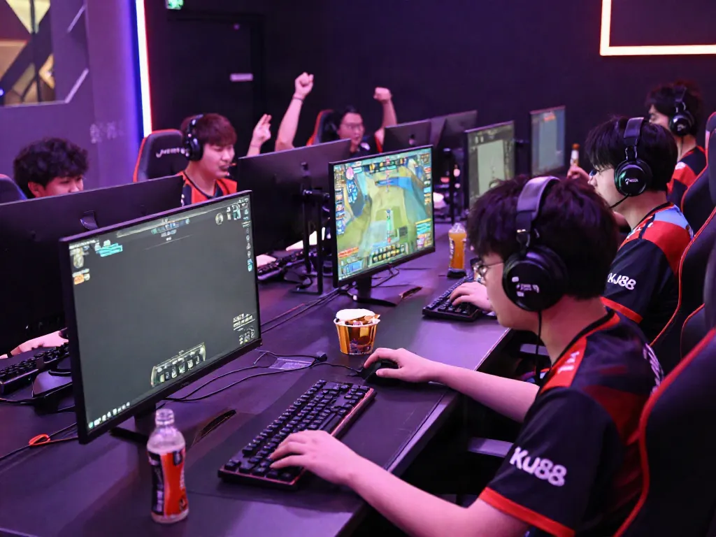 ku88 esports players competing in an energized gaming arena, showcasing teamwork and excitement.