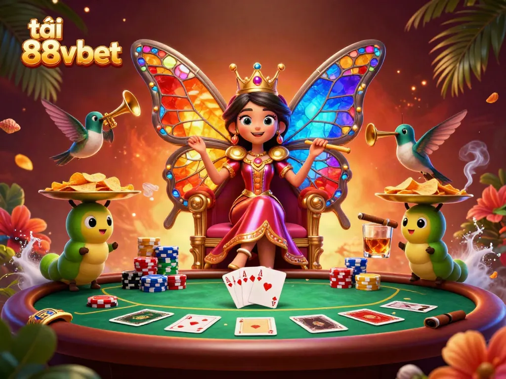 Experience the excitement as you tải 88vbet and join the dynamic world of vibrant poker illustrations featuring a butterfly queen and chips.