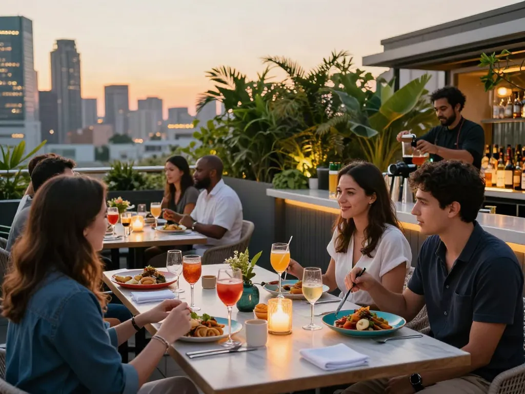 Guests savoring vibrant dishes at NoHu rooftop bar with a stunning city view.