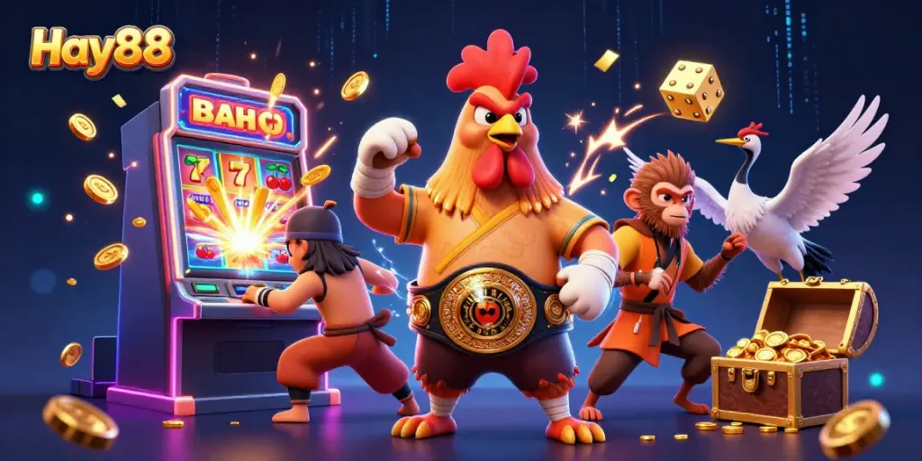 Engage in exhilarating gameplay at Hay88 with vibrant slot machines and characters in action.
