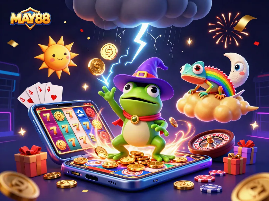 MAY88 captures excitement with a wizard frog, chameleon, and slot game elements in a vibrant casino illustration.