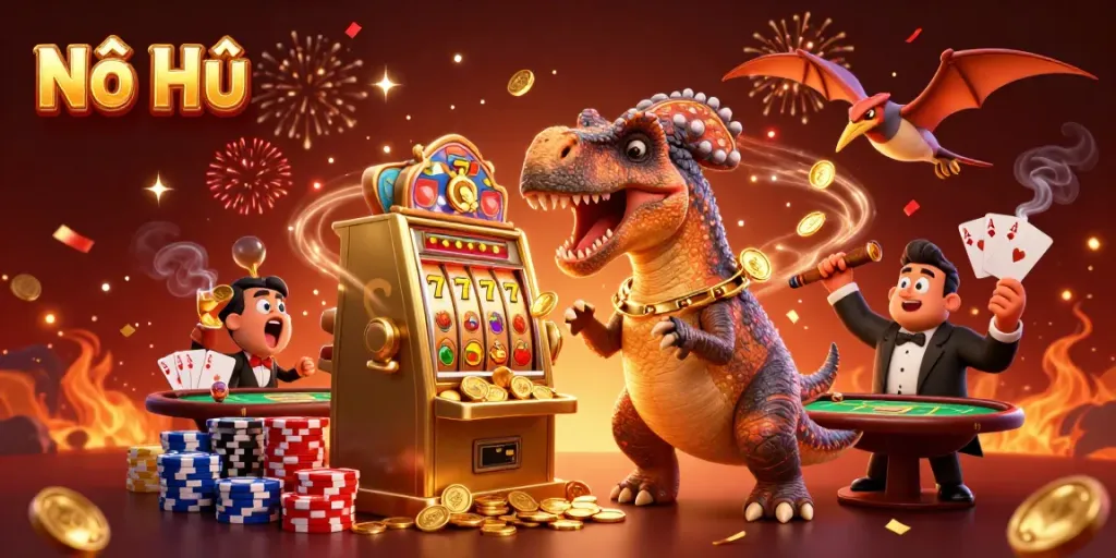 Nổ Hũ captures excitement with a pachycephalosaurus jackpot headbutting a slot machine, coins flying around