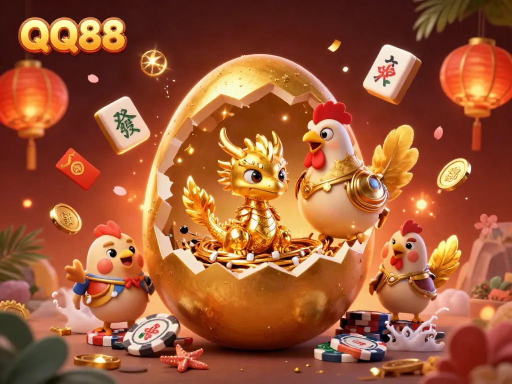 Engage in exciting gameplay with QQ88, featuring a golden dragon, poker chips, and casino elements.