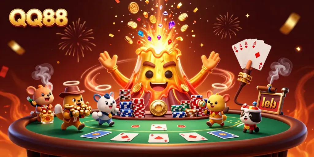 Experience the excitement of QQ88 with a dynamic scene of a golden volcano erupting treasure!