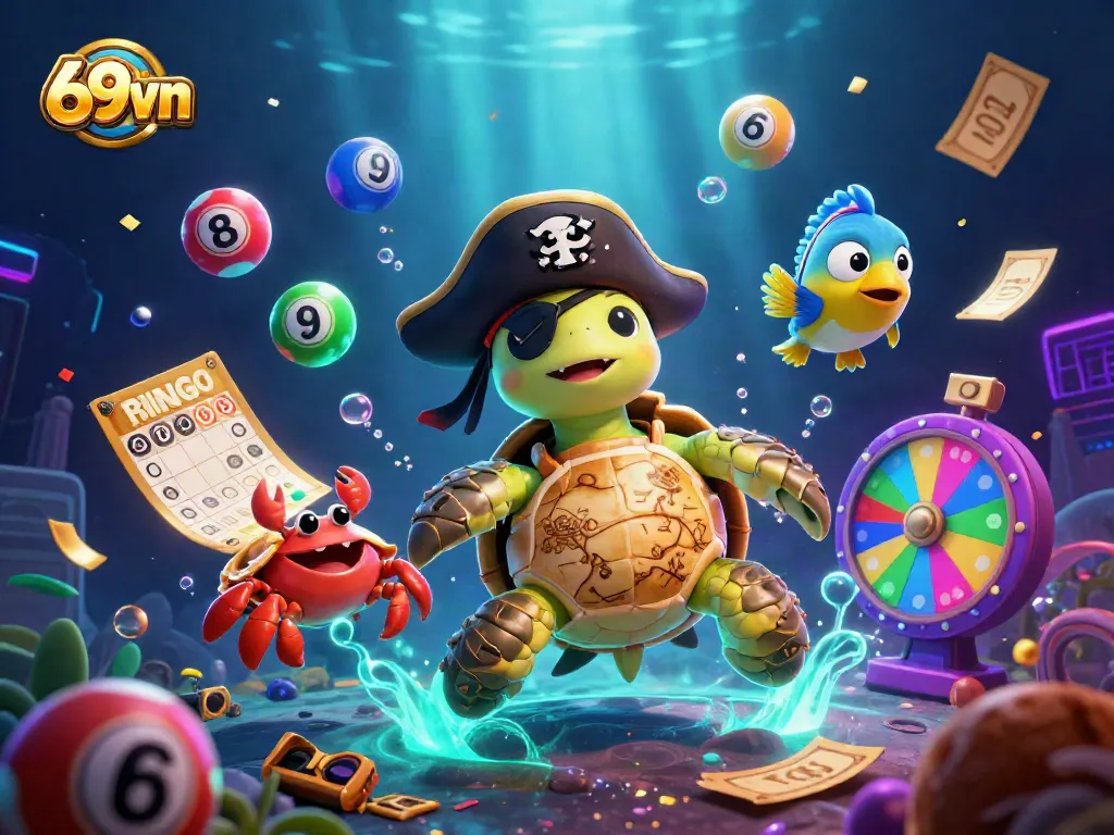 Engage in exciting gaming action with 69vn, featuring a colorful scene of a treasure-hunting turtle and dynamic gambling elements.