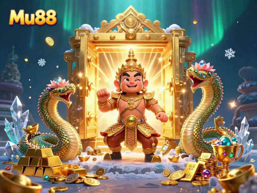 Engage in thrilling wins at Mu88 with a golden treasure-filled casino illustration.
