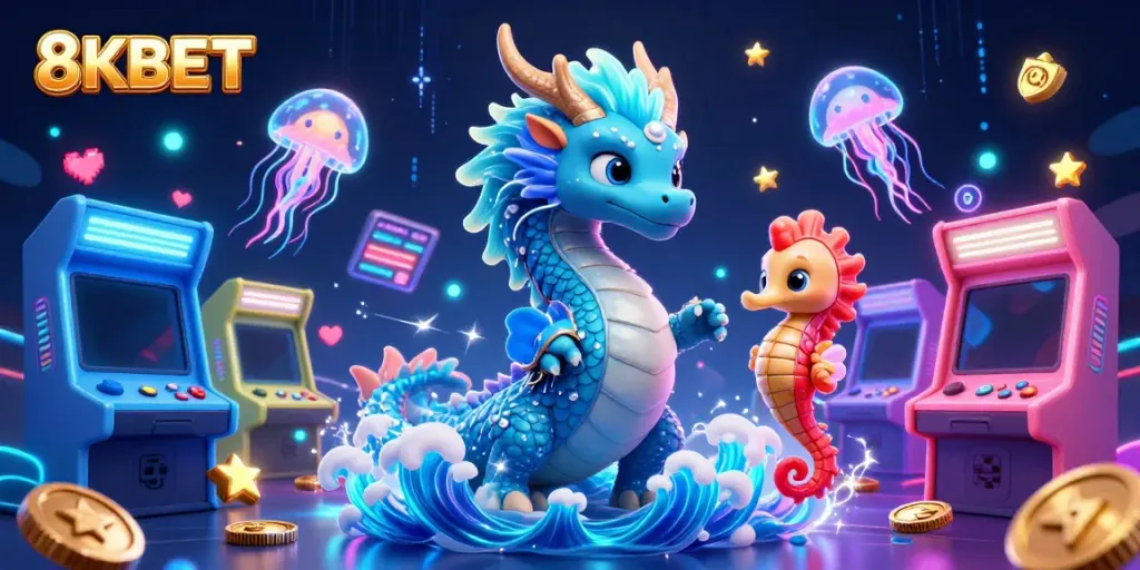 Experience the excitement of 8KBET with a fantasy scene featuring a mystical water dragon and arcade elements in a vibrant casino setting.