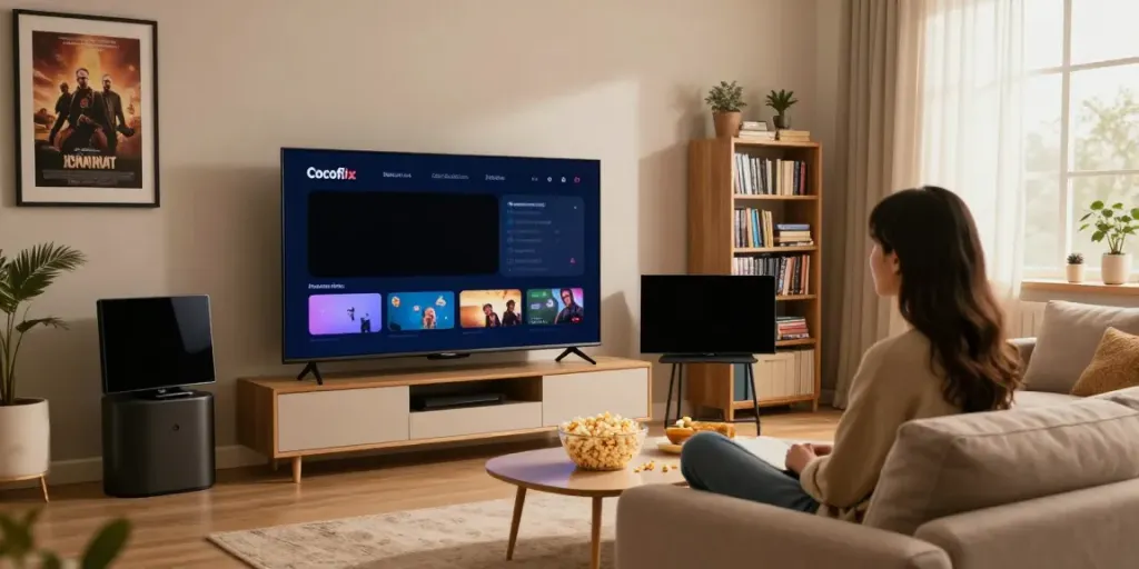 User streaming content on the Cocoflix app in a cozy living room setting, enjoying a movie night.