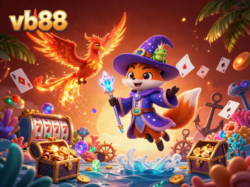 Experience thrilling gaming action with vb88 in a vibrant 3D casino illustration featuring a mystical fox and phoenix.