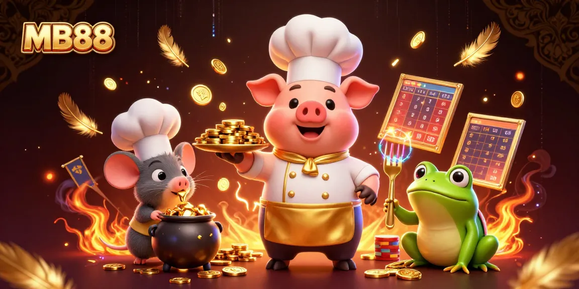Bet big with MB88 as a cartoon chef pig serves golden coins in a vibrant online casino.