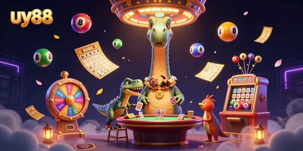 Experience the thrill of winning at uy88’s vibrant online casino with a 3D whimsical scene of playful characters and dynamic gambling elements.