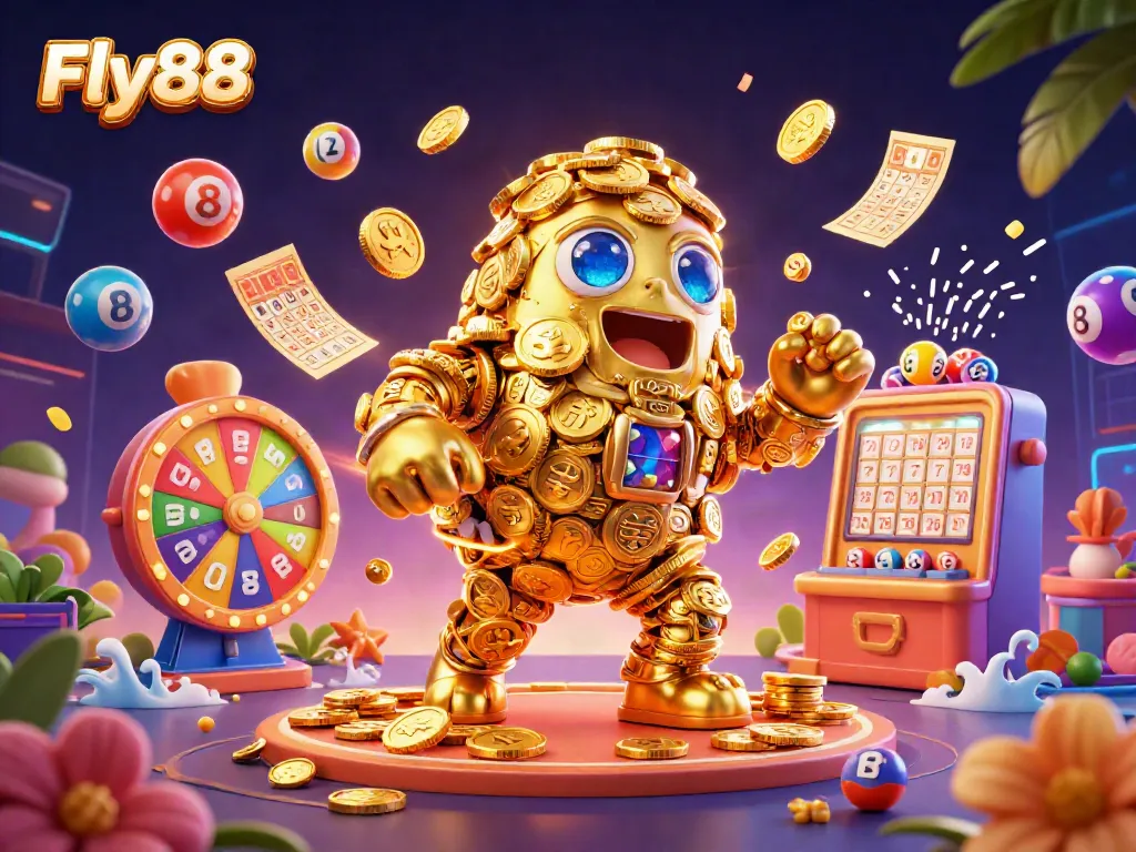 Experience the excitement of Fly88 with vibrant gaming elements and an enchanting golden golem.