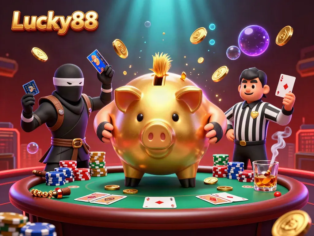 Players experience the lively atmosphere of Lucky88 with vibrant characters and poker action.