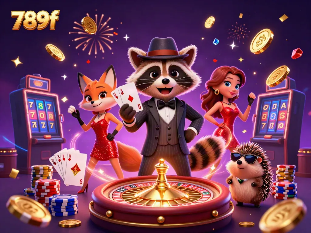 Experience the thrill with 789f in a vibrant casino scene with animated characters and rich gaming elements.