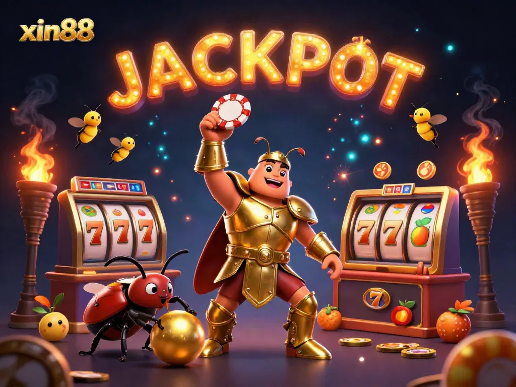 Experience thrilling gameplay with xin88 as a heroic beetle lifts a poker chip in victory, surrounded by vibrant casino elements.
