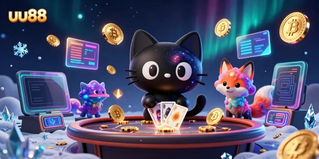 Engage with uu88 at a mesmerizing cosmic casino table, where a cartoon black hole cat and a nebula fox attract golden chips and cards.