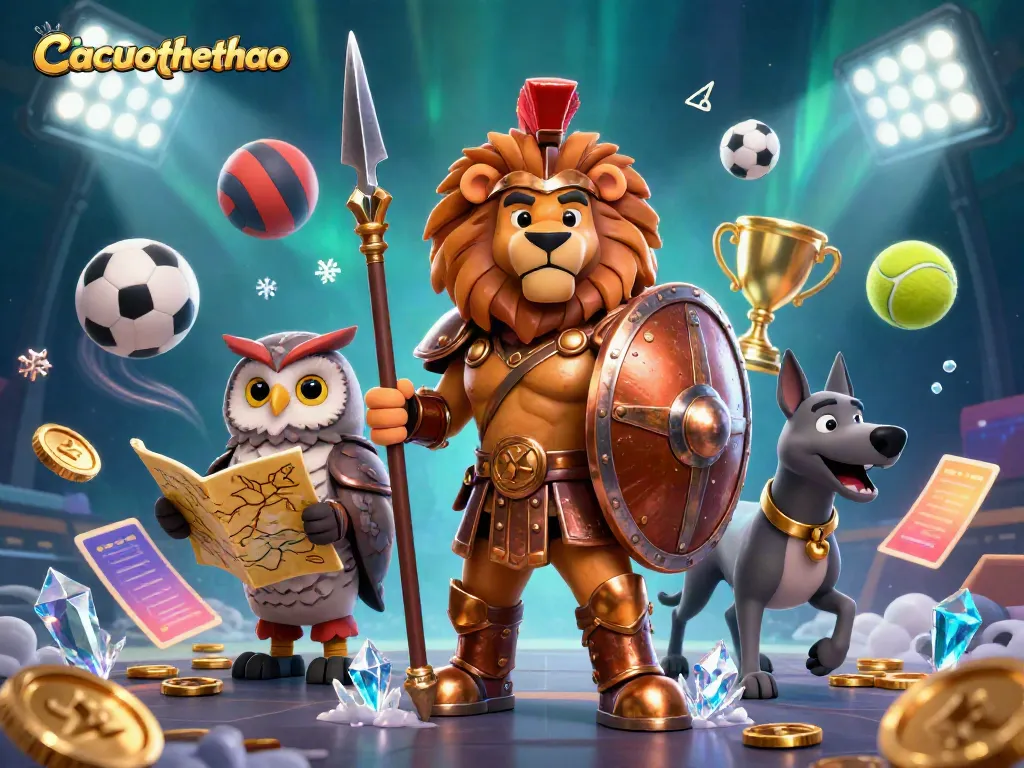 Cacuocthethao showcases a dynamic 3D scene of a Spartan lion, tactical owl, and greyhound amidst sports betting elements.