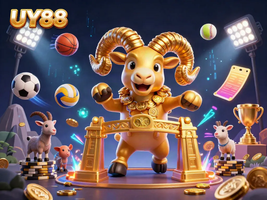 Engage with UY88's golden ram amidst sports excitement, enhanced with vibrant casino elements.