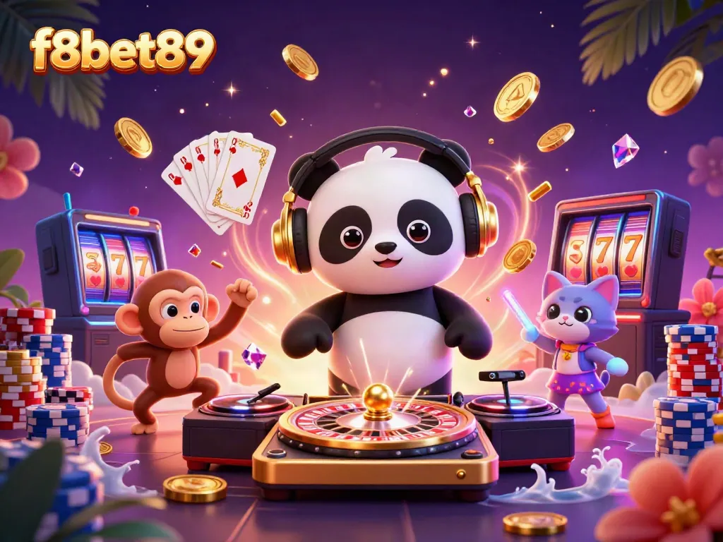 Spin to win with f8bet89: A DJ panda, dancing monkey, and kitten in a vibrant casino scene.