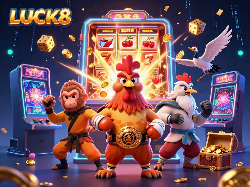 Experience jackpot excitement at LUCK8 with Muay Thai rooster, Shaolin monkey, and wise crane amidst casino gaming.