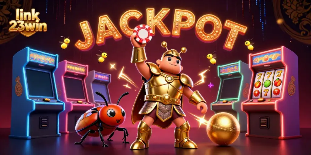 Experience the thrill of gaming with link 23win as a heroic beetle lifts a poker chip triumphantly amid vibrant casino elements.