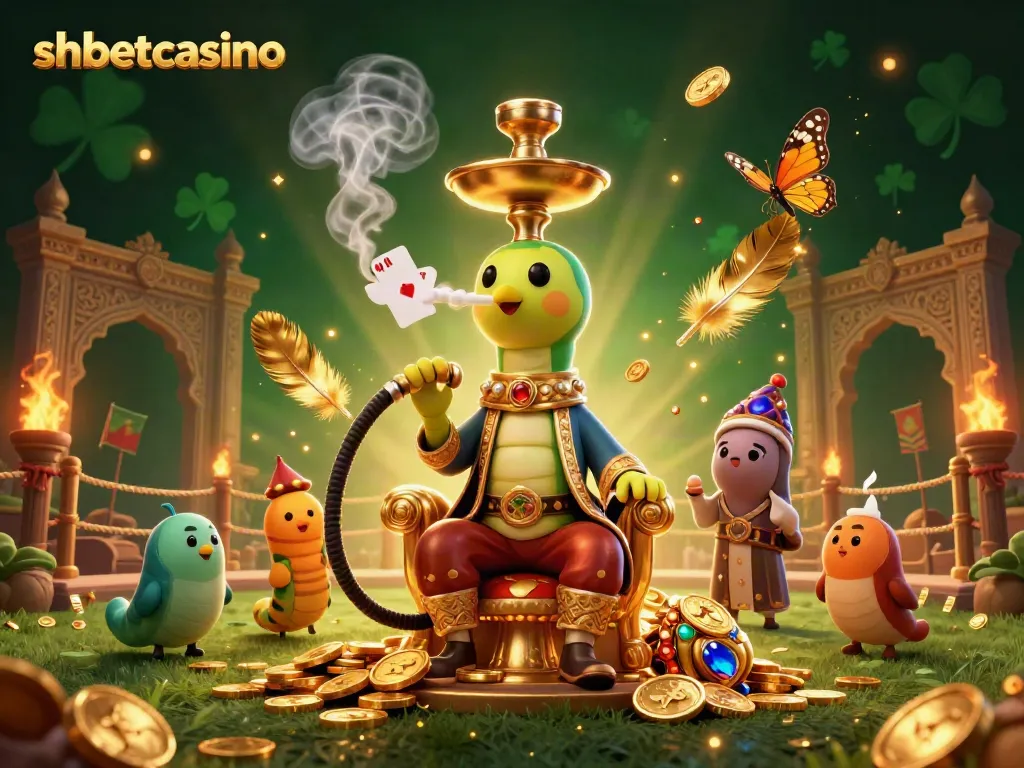 Experience the vibrant energy of shbetcasino with a masterfully illustrated caterpillar in a Turkish sultan outfit amidst dynamic gambling elements.