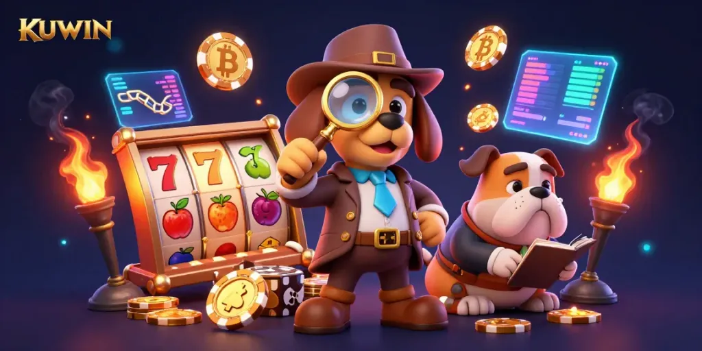 Engage with KUWIN's vibrant casino adventure featuring a detective examining a golden poker chip amidst dynamic slot game elements.