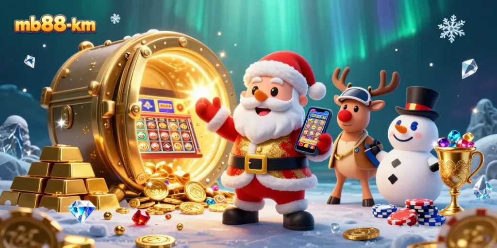 Players enjoy thrilling jackpots at mb88-km with Santa and friends celebrating casino wins.