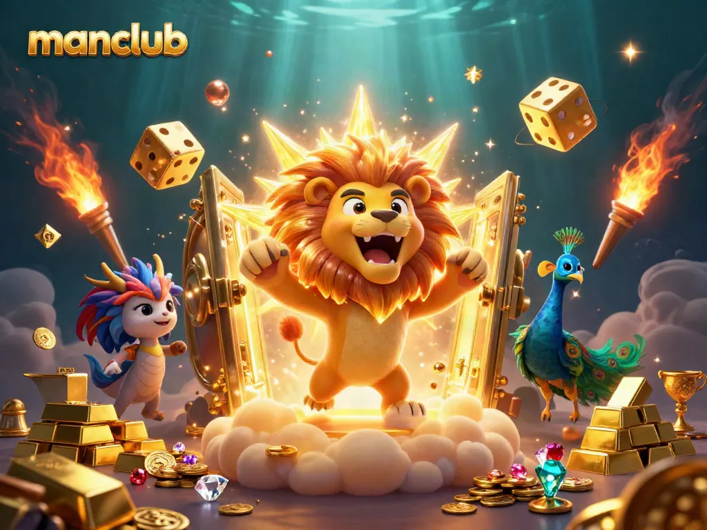 Manclub players celebrate with golden treasures and vibrant casino symbols in an exciting scene.