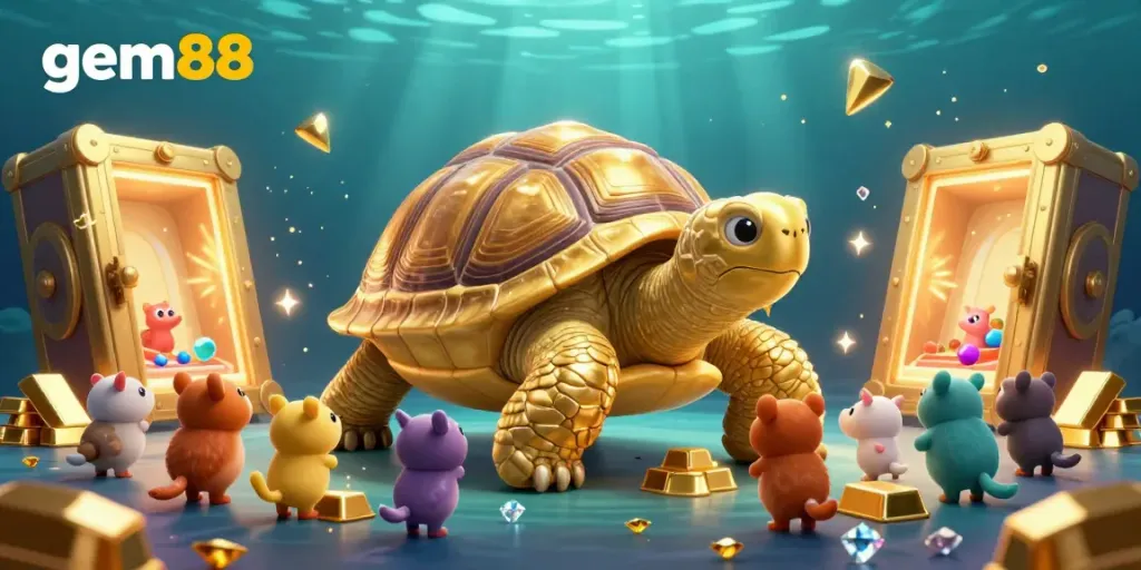 Experience the thrill of gem88 with a golden tortoise pinball machine surrounded by treasure and excitement.