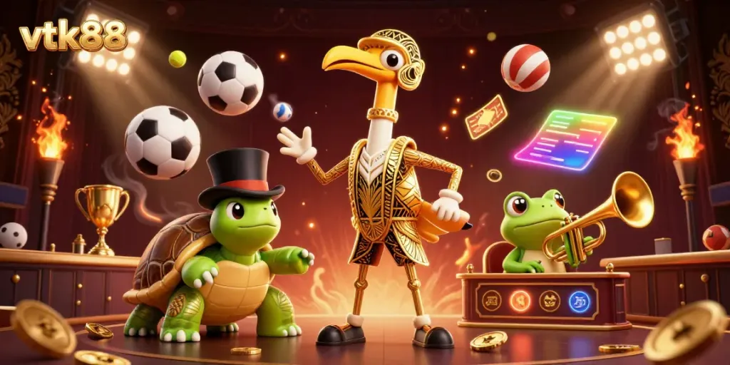 Engage with thrilling betting moments at vtk88's premier casino, showcasing vibrant characters and action-packed sports elements.