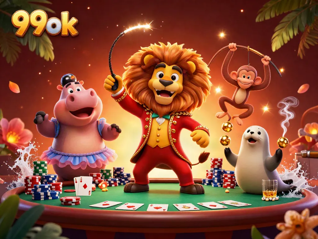 Experience the fun at 99ok with a lively casino scene featuring cartoon characters at a poker table.