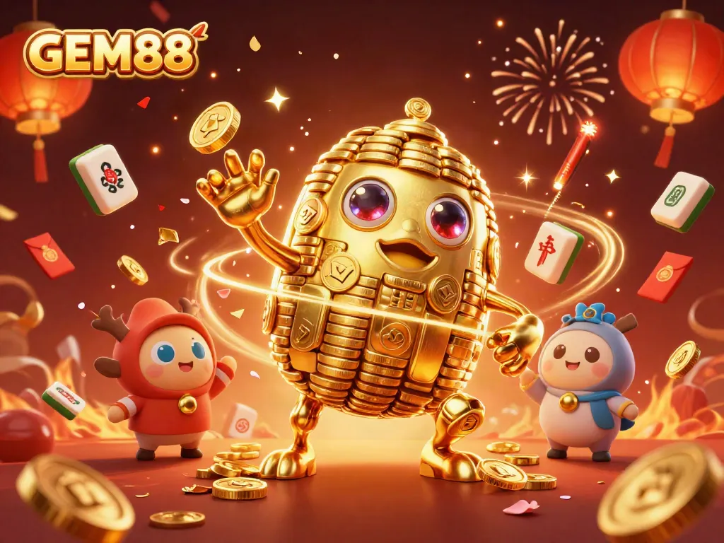 Experience the thrill of GEM88 with dynamic golden golem and festive casino elements.