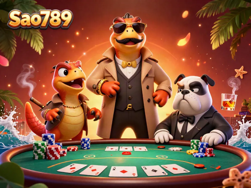 Sao789's poker scene featuring raptors in disguise at a VIP casino, showcasing excitement and strategy.