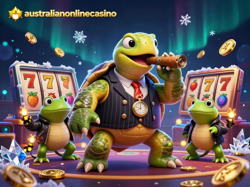Engage with australianonlinecasino's vibrant scene featuring a mobster turtle, bullfrog enforcers, and lively casino elements.
