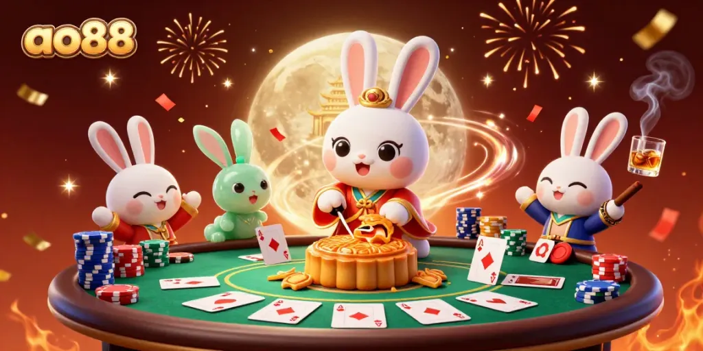 Engage with ao88's vibrant digital casino scene featuring a moon rabbit and poker elements.