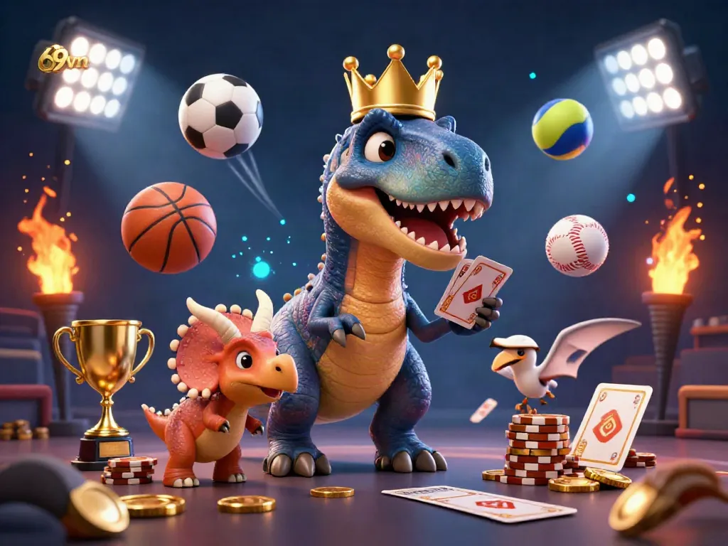 Engaging illustration of 69vn featuring a T-Rex and friends in a vibrant casino scene with sports elements.