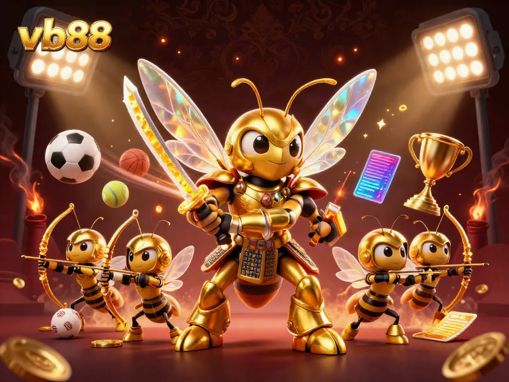 Experience the excitement of vb88 with a vibrant 3D casino scene featuring dynamic sports elements and golden characters.